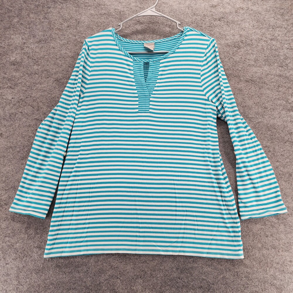 Chicos Shirt Womens Medium Blue Striped 3/4 Sleeve Roll Tab